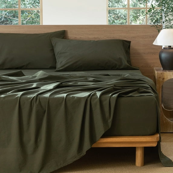 MooMee 100% Washed Cotton Sheet Set Queen Linen Like Textured Breathable Durable Soft Comfy 4pcs (Olive Green)