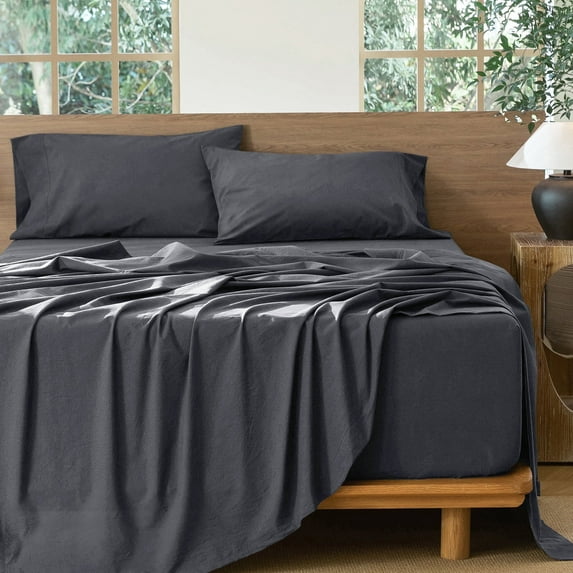 MooMee 100% Washed Cotton Sheet Set King Linen Like Textured Breathable Durable Soft Comfy 4pcs (Solid Deep Grey)