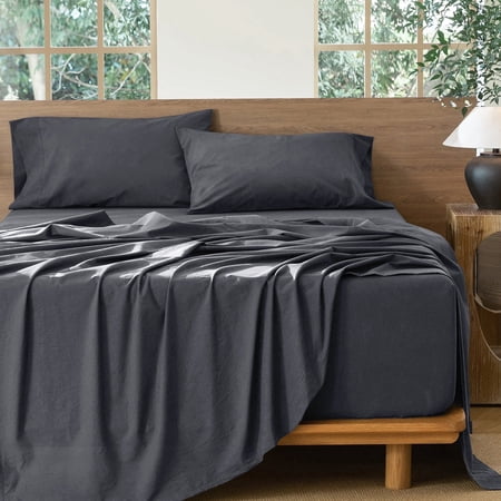 MooMee 100% Washed Cotton Sheet Set Queen Linen Like Textured Breathable Durable Soft Comfy 4pcs (Solid Deep Grey)