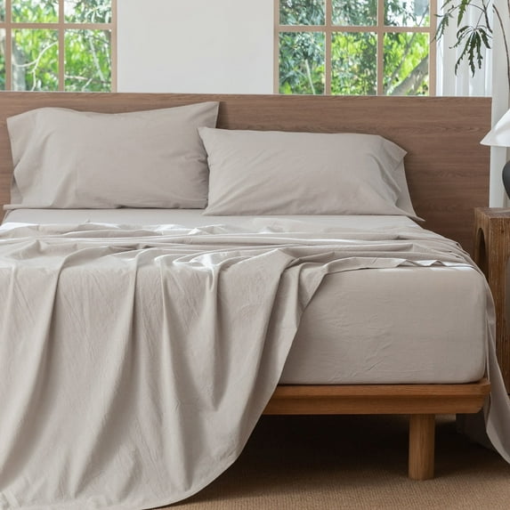 MooMee 100% Washed Cotton Sheet Set Queen Linen Like Textured Breathable Durable Soft Comfy 4pcs (Solid Light Tan)