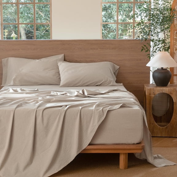 MooMee 100% Washed Cotton Sheet Set King Linen Like Textured Breathable Durable Soft Comfy 4pcs (Tannish Linen Grey)