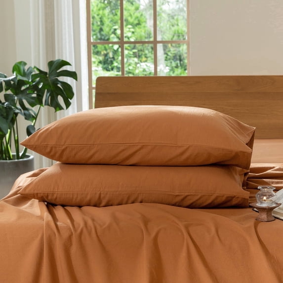 MooMee Pillowcases 100% Washed Cotton Linen Like Textured Envelope Closure Set of 2 (Burnt Orange, Queen)