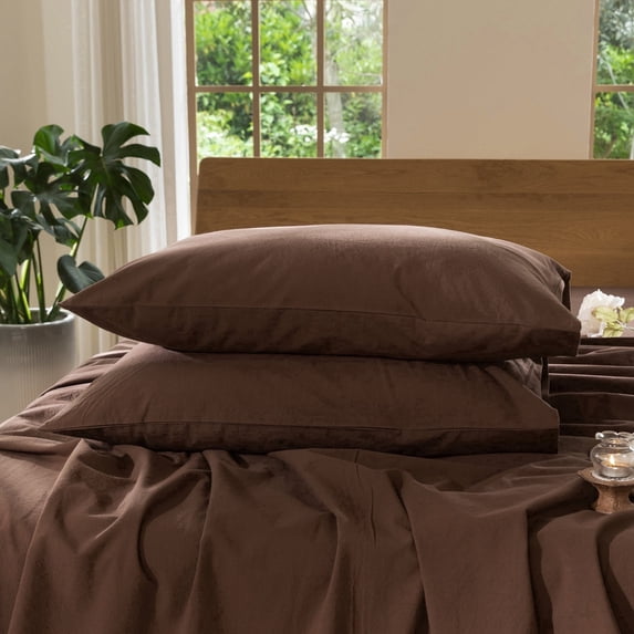MooMee Pillowcases 100% Washed Cotton Linen Like Textured Envelope Closure Set of 2 (Cocoa Brown, King)