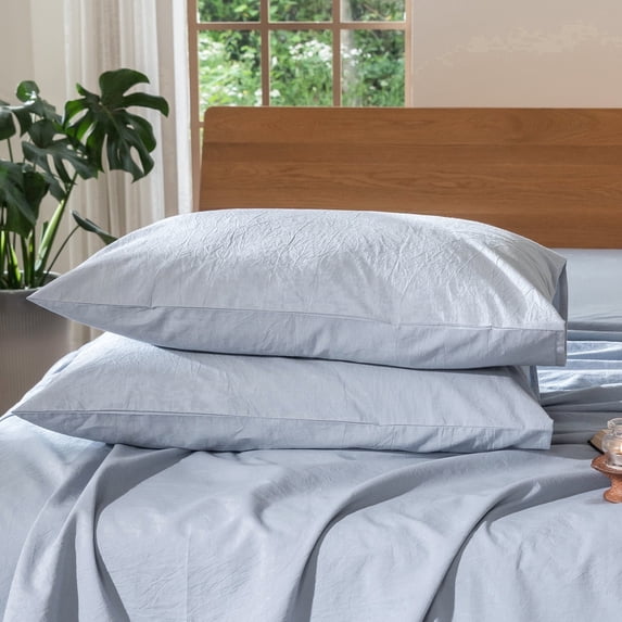 MooMee Pillowcases 100% Washed Cotton Linen Like Textured Envelope Closure Set of 2 (Cornflower Blue, King)