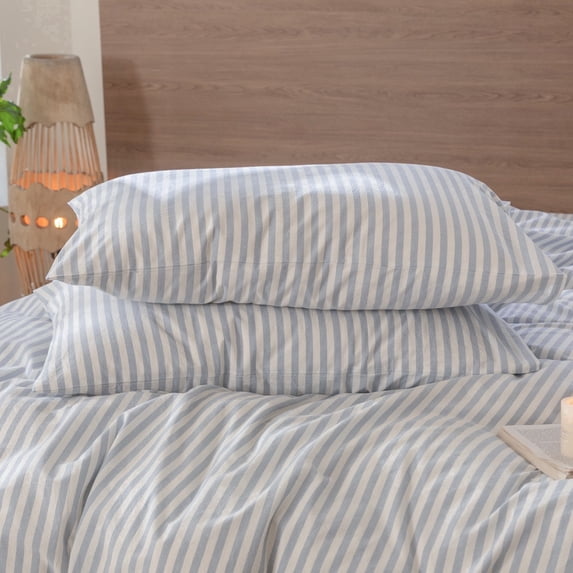 MooMee Striped Pillowcases 100% Washed Cotton Linen Like Textured Envelope Closure Set of 2 (Cornflower Blue& White Classic Stripes, Queen)