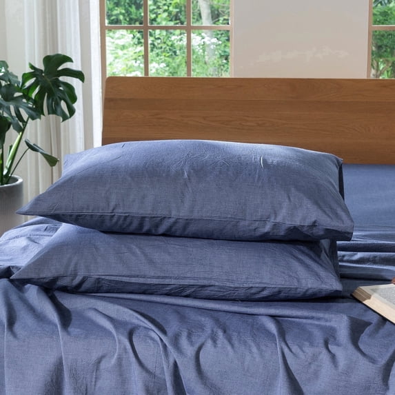 MooMee Pillowcases 100% Washed Cotton Linen Like Textured Envelope Closure Set of 2 (Denim Blue, Queen)