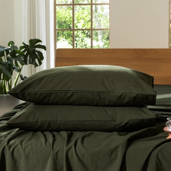 MooMee Pillowcases 100% Washed Cotton Linen Like Textured Envelope Closure Set of 2 (Olive Green, Standard)