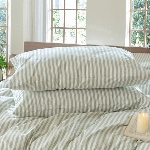 MooMee Striped Pillowcases 100% Washed Cotton Linen Like Textured Envelope Closure Set of 2 (Sage Green& White Wide Stripes, Queen)