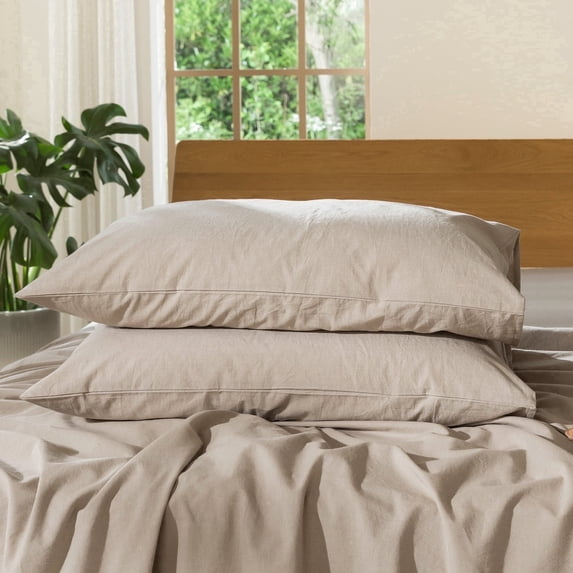 MooMee Pillowcases 100% Washed Cotton Linen Like Textured Envelope Closure Set of 2 (Tannish Linen Grey, Queen)