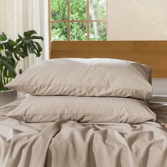 MooMee Pillowcases 100% Washed Cotton Linen Like Textured Envelope Closure Set of 2 (Tannish Linen Grey, Standard)