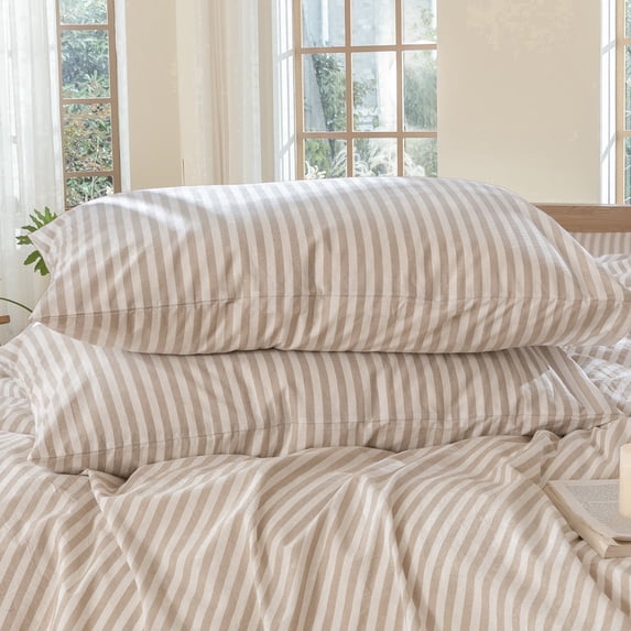 MooMee Striped Pillowcases 100% Washed Cotton Linen Like Textured Envelope Closure Set of 2 (Tannish Linen Grey& White Wide Stripes, Queen)