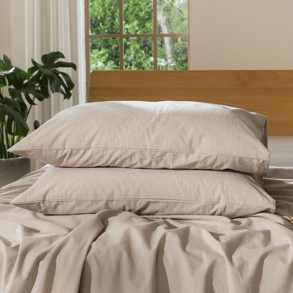 MooMee Pillowcases 100% Washed Cotton Linen Like Textured Envelope Closure Set of 2 (Taupe, Standard)