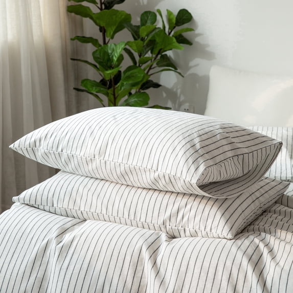 MooMee Striped Pillowcases 100% Washed Cotton Linen Like Textured Envelope Closure Set of 2 (White& Dark Grey Wide Stripes, Standard)