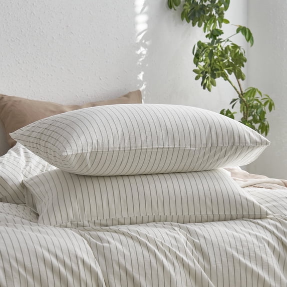 MooMee Striped Pillowcases 100% Washed Cotton Linen Like Textured Envelope Closure Set of 2 (White& Sage Green Wide Stripes, Standard)
