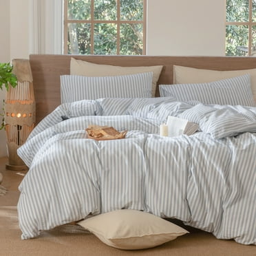 MooMee 100% Washed Cotton Striped Duvet Cover Set King Linen Like Textured Breathable 3-Piece (Cornflower Blue& White Classic Stripes)