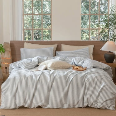 MooMee 100% Washed Cotton Striped Duvet Cover Set King Linen Like Textured Breathable 3-Piece (Cornflower Blue& White Classic Stripes)