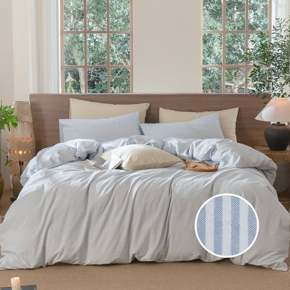 MooMee Striped Duvet Cover Set Queen 100% Washed Cotton Linen Like Textured Breathable 3-Piece (Cornflower Blue& White Pinstripes)