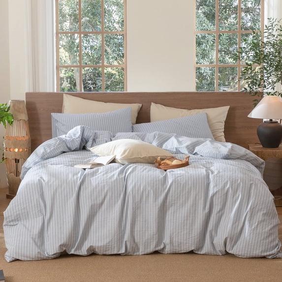 MooMee Striped Duvet Cover Set Queen 100% Washed Cotton Linen Like Textured Breathable 3-Piece (Cornflower Blue& White Wide Stripes)