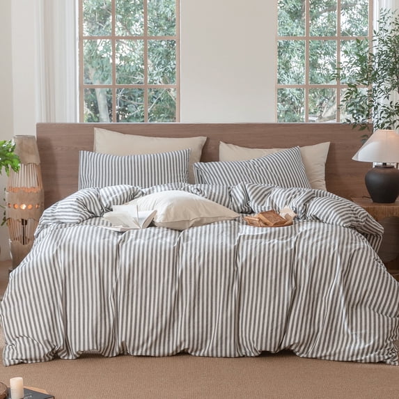 MooMee Striped Duvet Cover Set Queen 100% Washed Cotton Linen Like Textured Breathable 3-Piece (Dark Grey& White Classic Stripes)
