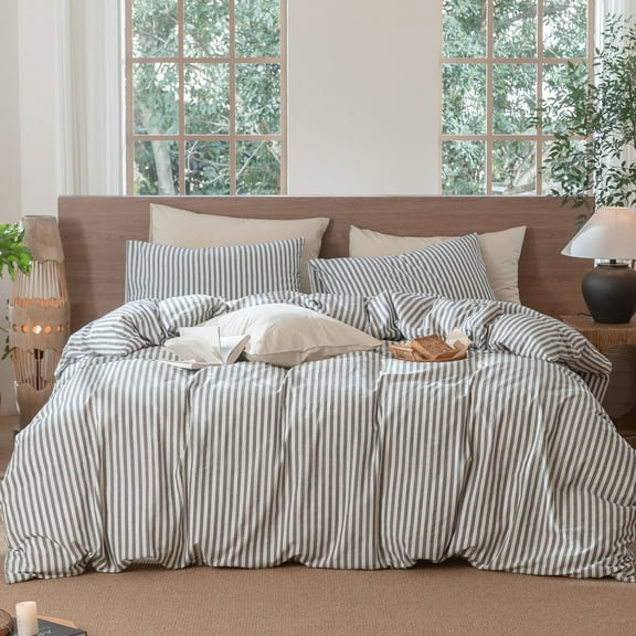 MooMee Striped Duvet Cover Set Queen 100% Washed Cotton Linen Like Textured Breathable 3-Piece (Dark Grey& White Classic Stripes)