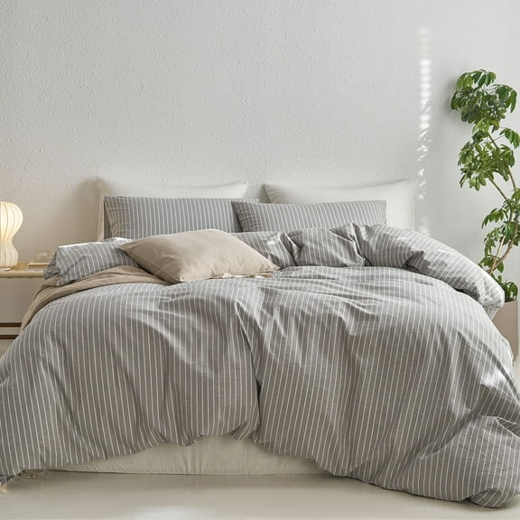MooMee Striped Duvet Cover Set Queen 100% Washed Cotton Linen Like Textured Breathable 3-Piece (Light Grey& White Wide Stripes)