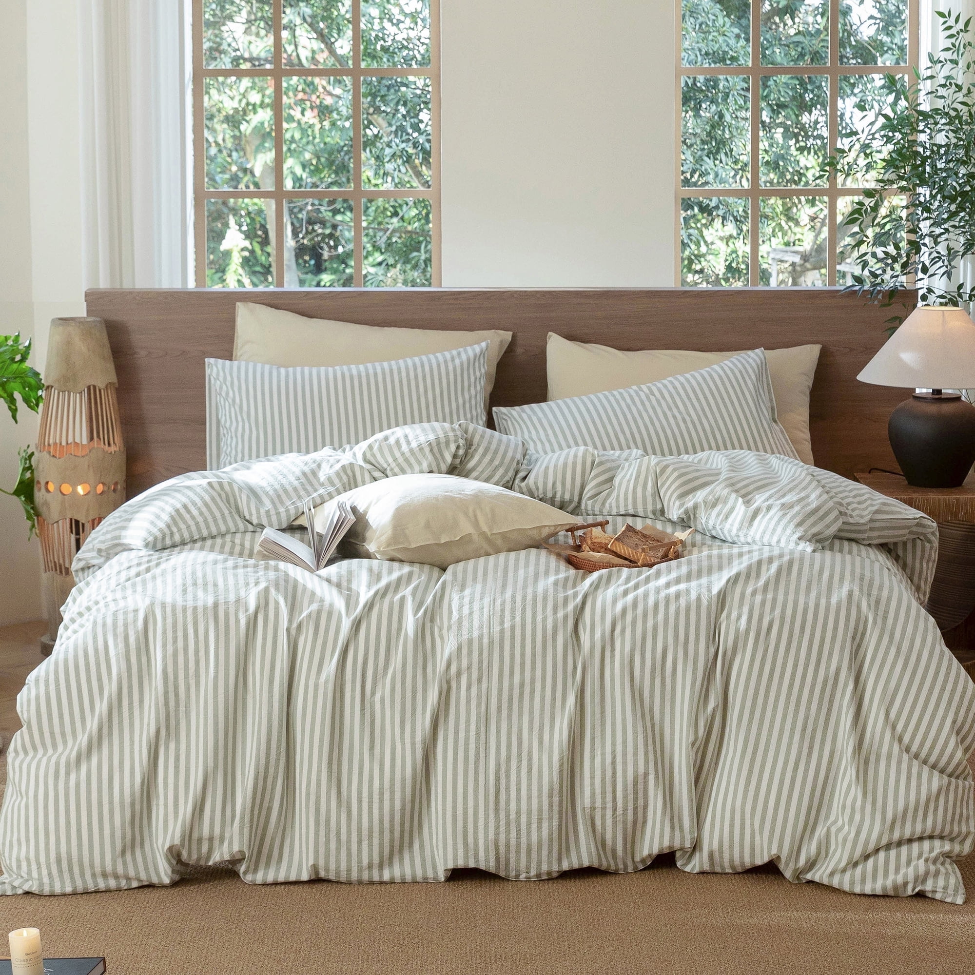 MooMee Striped Duvet Cover Set Queen 100% Washed Cotton Linen Like Textured Breathable 3-Piece (Sage Green& White Classic Stripes)