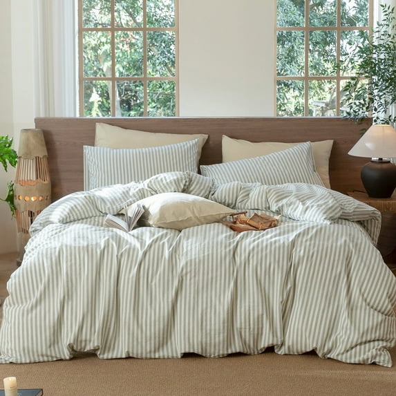 MooMee Striped Duvet Cover Set Queen 100% Washed Cotton Linen Like Textured Breathable 3-Piece (Sage Green& White Classic Stripes)