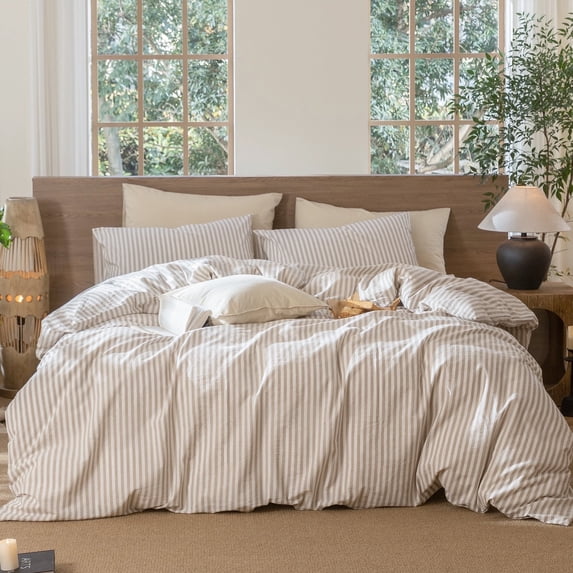 MooMee Striped Duvet Cover Set King 100% Washed Cotton Linen Like Textured Breathable 3-Piece (Tannish Linen Grey& White Classic Stripes)