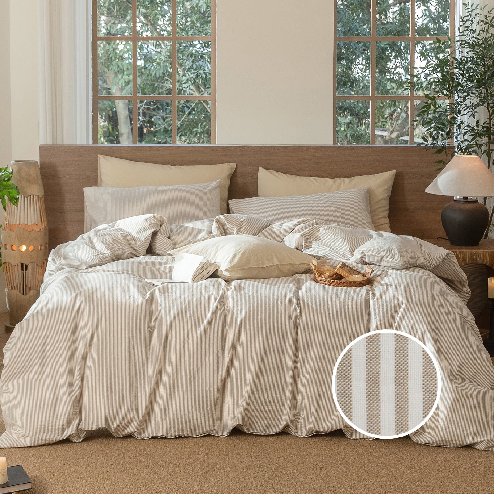MooMee Striped Duvet Cover Set Queen 100% Washed Cotton Linen Like Textured Breathable 3-Piece (Tannish Linen Grey& White Pinstripes)