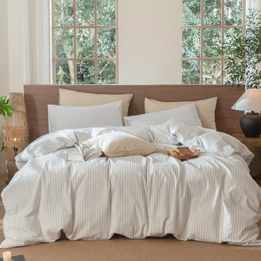 MooMee 100% Washed Cotton Striped Duvet Cover Set King Linen Like Textured Breathable 3-Piece (White& Cornflower Blue Wide Stripes)