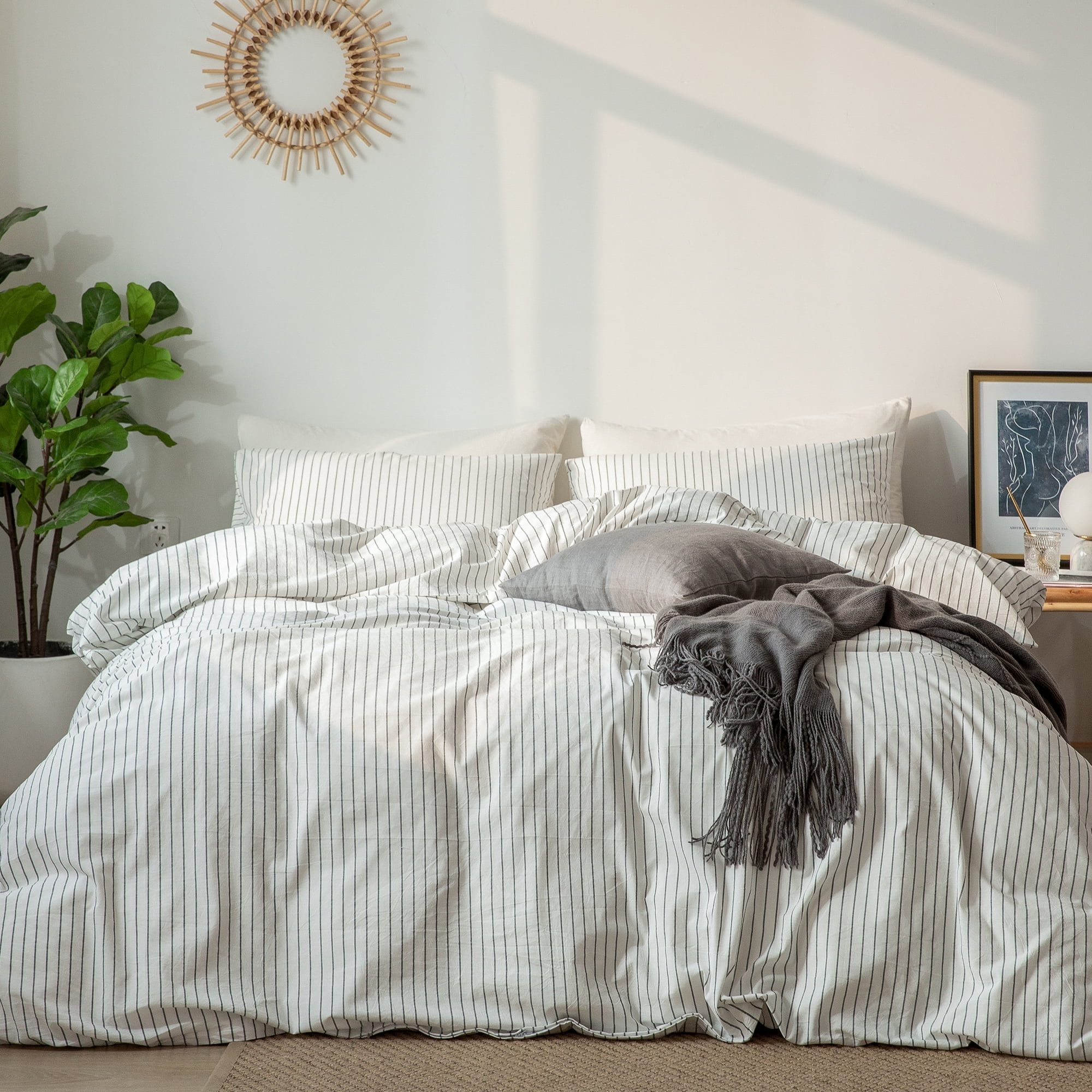 Oversized Queen White Striped Cotton Duvet Cover Set