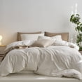 thumbnail image 1 of MooMee Striped Duvet Cover Set Queen 100% Washed Cotton Linen Like Textured Breathable 3-Piece (White& Tannish Linen Grey Wide Stripes, 90"x90"), 1 of 6