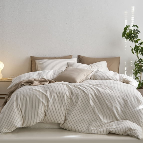 MooMee Striped Duvet Cover Set Queen 100% Washed Cotton Linen Like Textured Breathable 3-Piece (White& Tannish Linen Grey Wide Stripes, 90"x90")