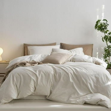 MooMee 100% Washed Cotton Striped Duvet Cover Set Queen Linen Like Textured Breathable 3-Piece (White& Tannish Linen Grey Wide Stripes)