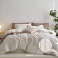 thumbnail image 1 of MooMee Striped Duvet Cover Set Queen 100% Washed Cotton Linen Like Textured Breathable 3-Piece (White& Tannish Linen Grey Wide Stripes, 90"x90"), 1 of 6