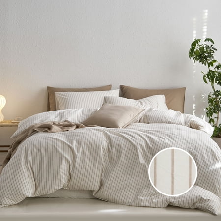 MooMee Striped Duvet Cover Set Queen 100% Washed Cotton Linen Like Textured Breathable 3-Piece (White& Tannish Linen Grey Wide Stripes, 90"x90")