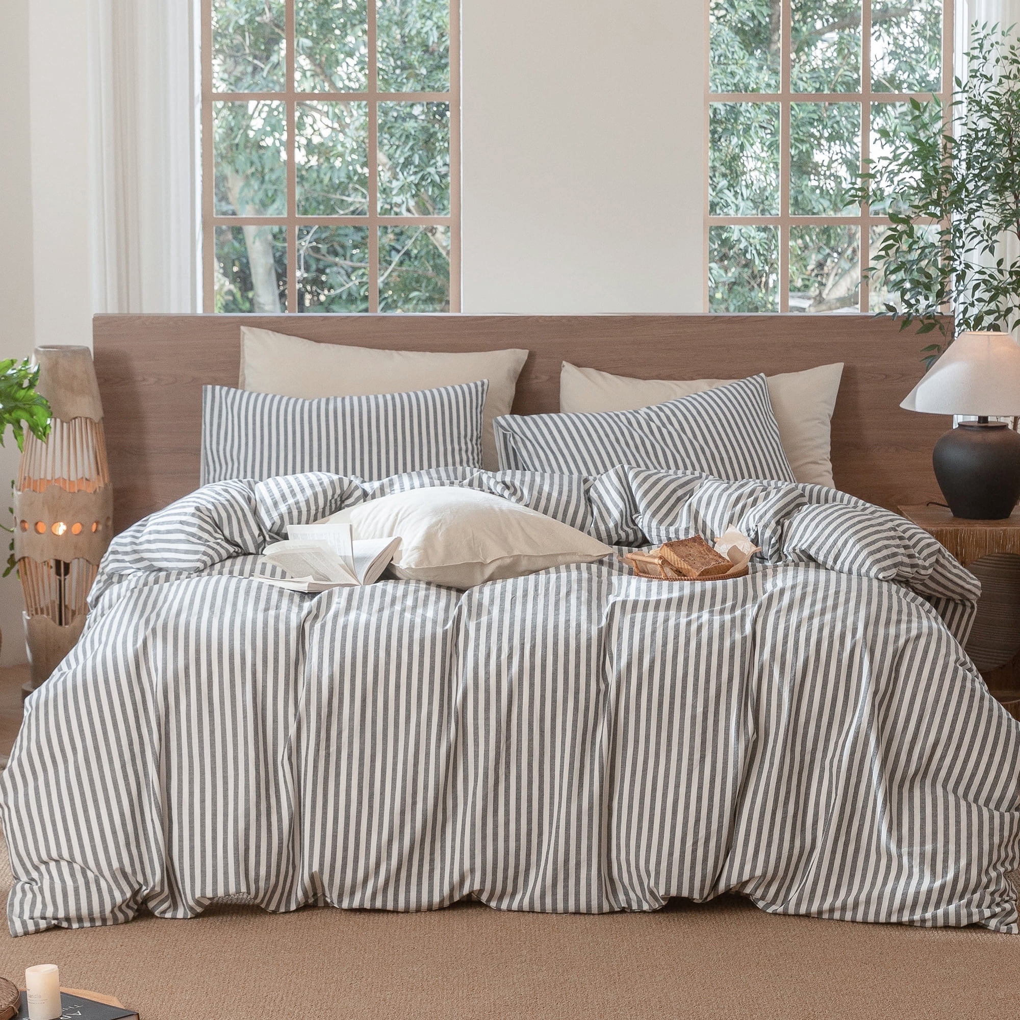 MooMee Striped Duvet Cover Set Cal-King 100% Washed Cotton Linen Like Textured Breathable 3-Piece (Dark Grey& White Classic Stripes)