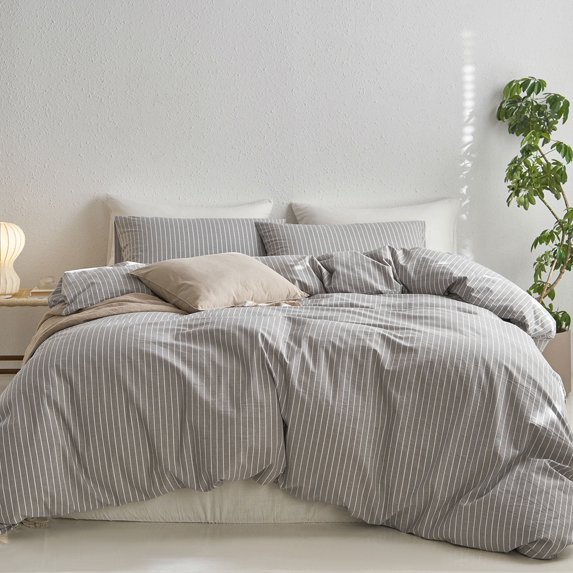 MooMee Striped Duvet Cover Set Cal-King 100% Washed Cotton Linen Like Textured Breathable 3-Piece (Light Grey& White Wide Stripes)