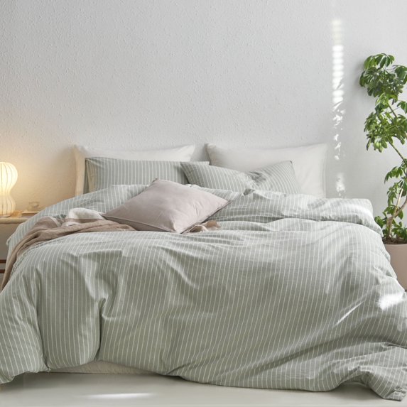 MooMee Striped Duvet Cover Set Cal-King 100% Washed Cotton Linen Like Textured Breathable 3-Piece (Sage Green& White Wide Stripes)