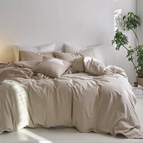 MooMee Striped Duvet Cover Set Cal-King 100% Washed Cotton Linen Like Textured Breathable 3-Piece (Tannish Linen Grey& White Wide Stripes)