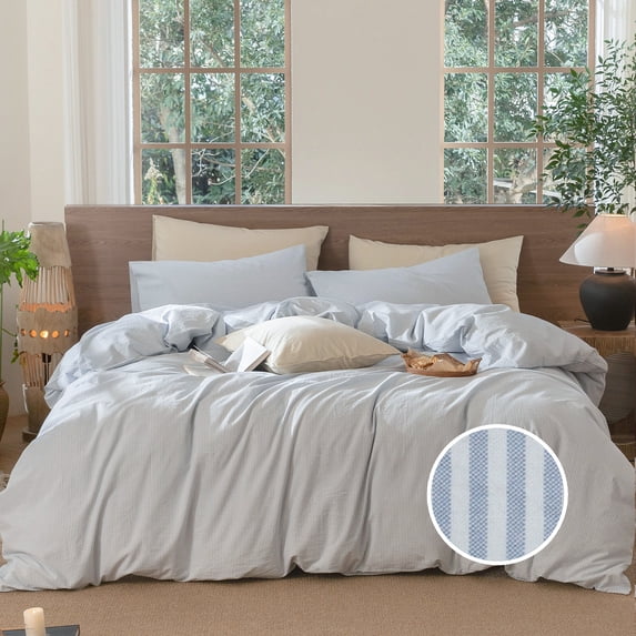 MooMee Striped Duvet Cover Set Full 100% Washed Cotton Linen Like Textured Breathable 3-Piece (Cornflower Blue& White Pinstripes)
