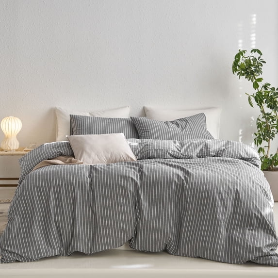 MooMee Striped Duvet Cover Set Full 100% Washed Cotton Linen Like Textured Breathable 3-Piece (Dark Grey& White Wide Stripes)