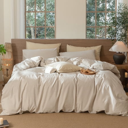 MooMee Striped Duvet Cover Set Full 100% Washed Cotton Linen Like Textured Breathable 3-Piece (Tannish Linen Grey& White Pinstripes)