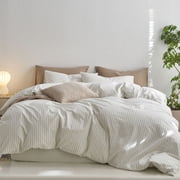 MooMee Striped Duvet Cover Set Full 100% Washed Cotton Linen Like Textured Breathable 3-Piece White& Sage Green Wide Stripes