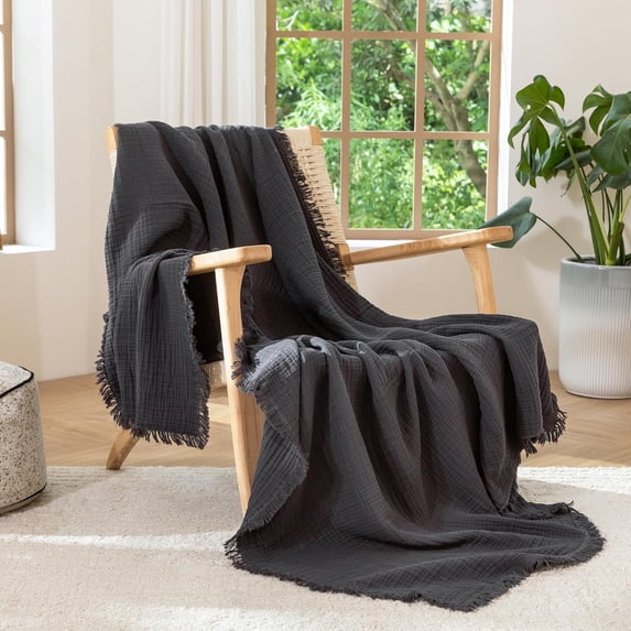 MooMee Throw Blanket 100% Cotton 4-Layer Gauze All-Around Fringe Ultra-Soft Breathable Lightweight (Dark Grey, Throw 60" x 50")