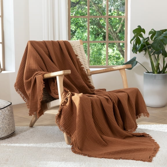 MooMee Throw Blanket 100% Cotton 4-Layer Gauze All-Around Fringe Ultra-Soft Breathable Lightweight (Dark Orange, Throw 60" x 50")