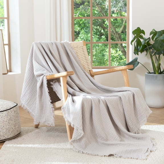 MooMee Throw Blanket 100% Cotton 4-Layer Gauze All-Around Fringe Ultra-Soft Breathable Lightweight (Light Grey, Throw 60" x 50")