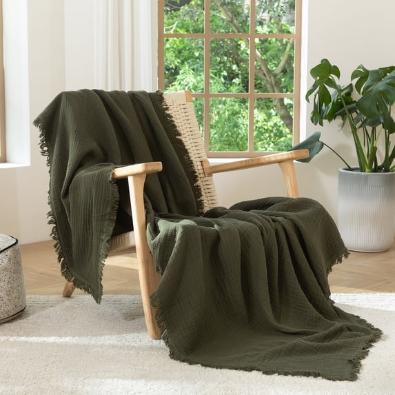 MooMee Throw Blanket 100% Cotton 4-Layer Gauze All-Around Fringe Ultra-Soft Breathable Lightweight (Olive Green, Throw 60" x 50")