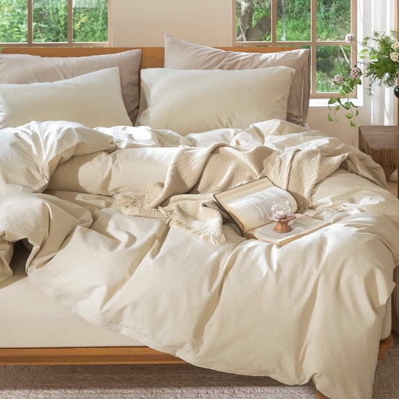 MooMee 100% Washed Cotton Duvet Cover Set Full Size Linen Like Textured Breathable 3-Piece (Almond Milk Grey, 80"x90")