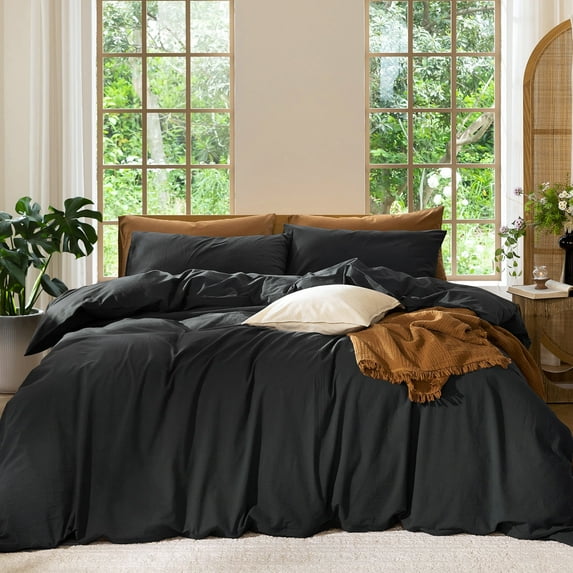 MooMee Duvet Cover Set Full 100% Washed CottonLinen Like Textured Breathable 3-Piece (Black, 80"x90")